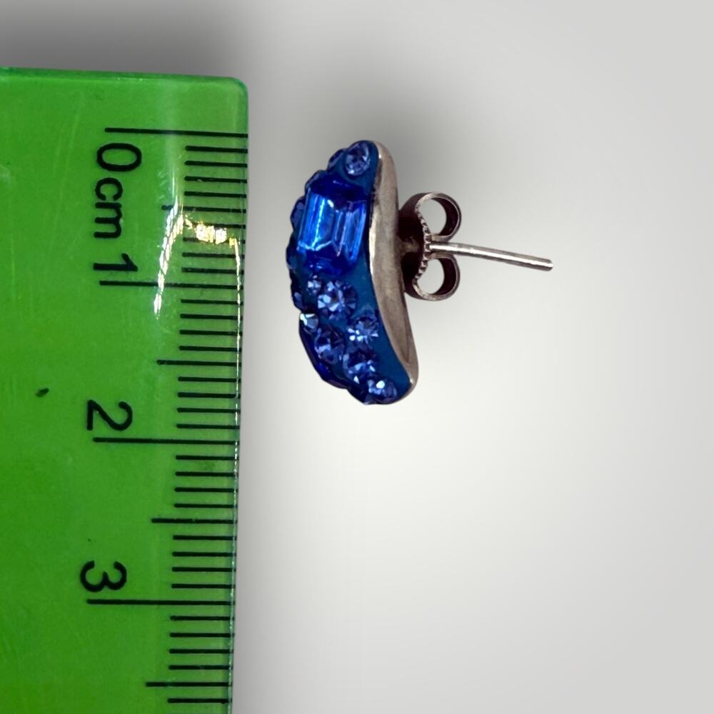 Vintage Sterling Silver Blue Rhinestone Domed Crescent Moon Stud Earrings 3D - Picture 8 of 9